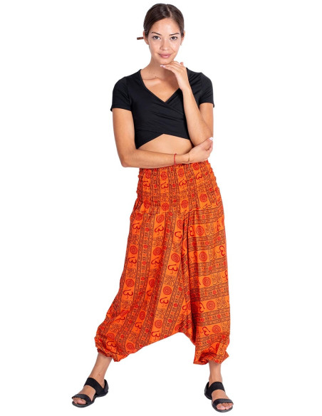 Calça saruel estilo hippie laranja com símbolo Om de algodão