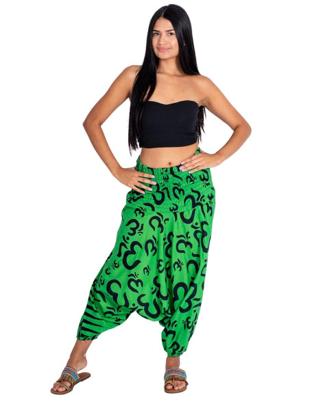 Green cotton Afghan pants with irregularly drawn Om symbols