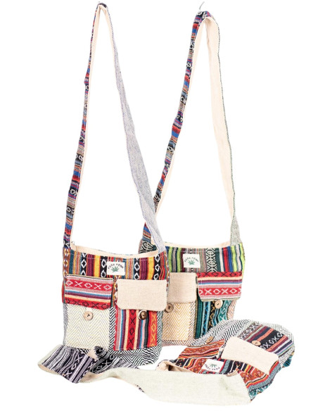 Bandolera de Cáñamo con Dos Bolsillos Frontales - Estilo Hippie y Funcional