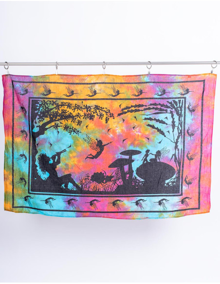 Mehrfarbiger Passage-Wandteppich mit Flötist, Feen und Pilzen – Magie und Fantasie