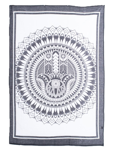 Tapisserie Main de Hamsa en Noir et Blanc -...