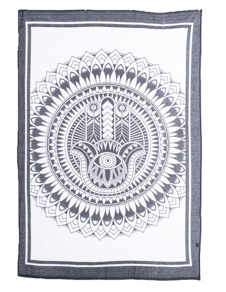 Arazzo a mano Hamsa in bianco e nero - Protezione e stile bohémien