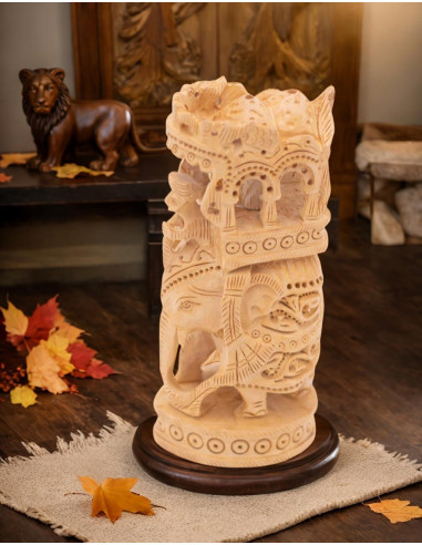Wooden Carved Elephant Statue with Altar - Ethnic Art 6 Inch