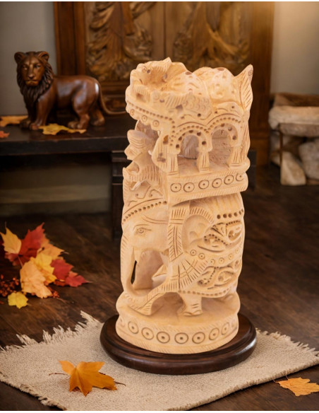 Statue d'éléphant sculptée en bois avec autel - Art ethnique de 6 pouces