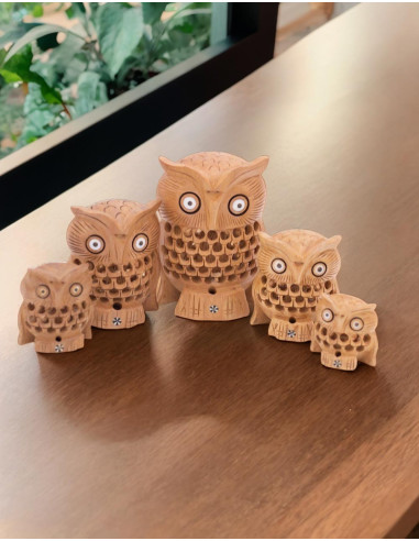 Set aus 5 holzgeschnitzten Eulen – Kunsthandwerk in verschiedenen Größen