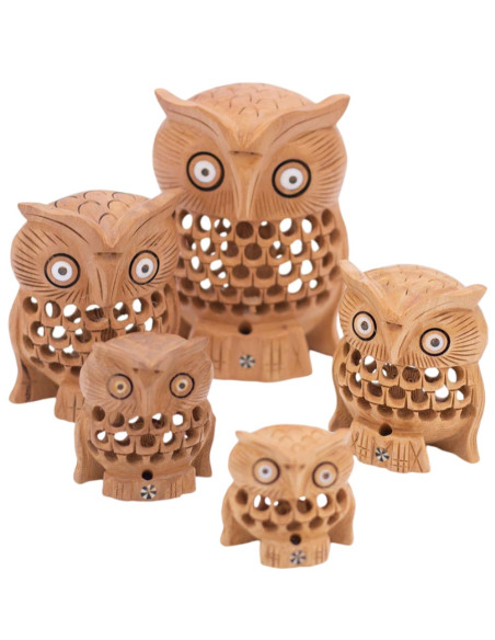 Conjunto de 5 Búhos Tallados en Madera - Artesanía en Diferentes Tamaños