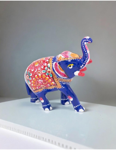 Hand Painted Metal Elephant Statue - Trunk Up, Positive Energy