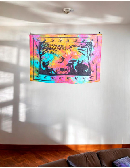 Mehrfarbiger Passage-Wandteppich mit Flötist, Feen und Pilzen – Magie und Fantasie