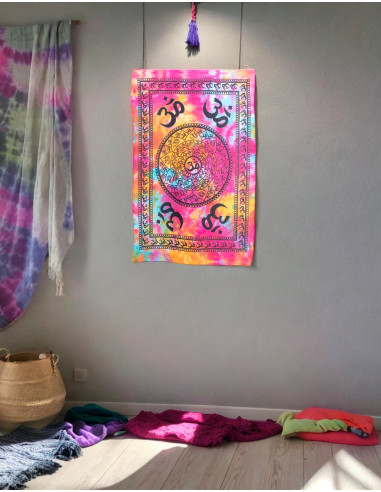 Om Symbol Tapestry with Multicolor Tie-Dye Background - Harmony and Bohemian Energy