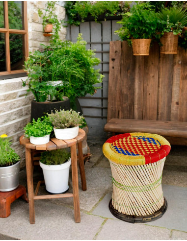 Tabouret en bambou tressé fait main en Inde - Hauteur 40 cm