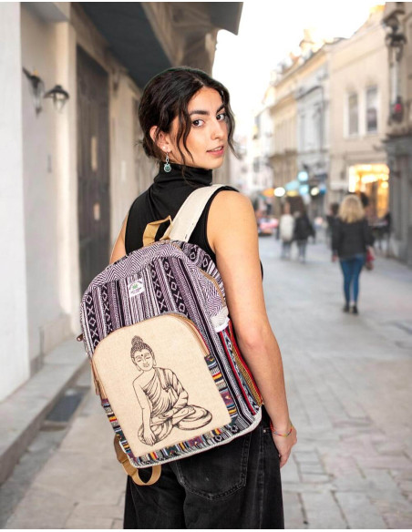 Zaino etnico unisex in canapa: autentico artigianato indiano con esclusivo design del Buddha
