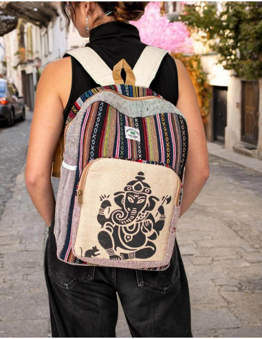 Sac à dos unisexe en chanvre Kimago : artisanat indien exclusif avec un design Ganesh unique