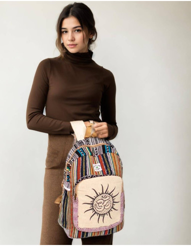 Ethnic Fashion: Kimago Hemp Backpack, Unisex, Unique Design with Hindu Symbolism
