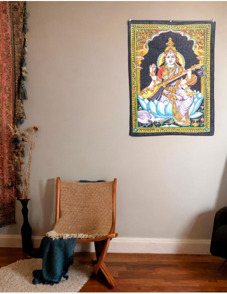 Tapisserie indienne artisanale Saraswati - Design exclusif avec paillettes scintillantes