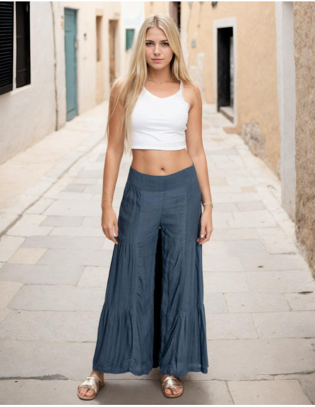 Pantalon long gris Kimago – Élégance bohème avec une touche artisanale