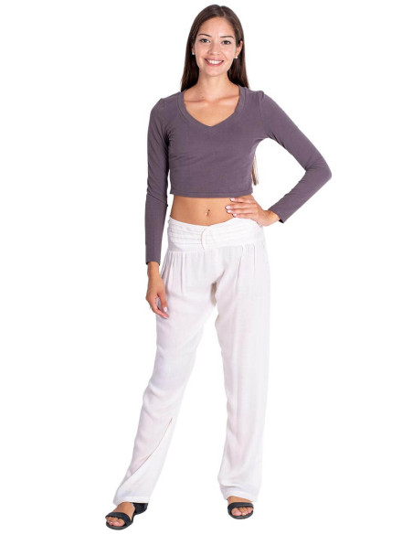 Off-white straight-leg trousers with a peak detail – Bohemian and artisanal style
