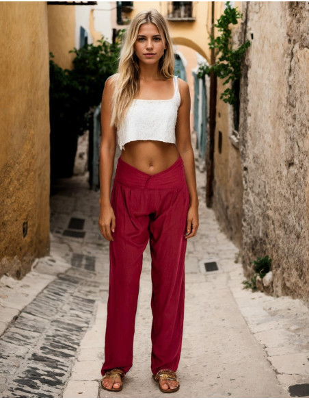 Pantalon droit bordeaux avec détail en V – Mode ethnique à l'âme artisanale