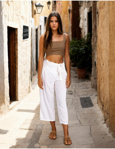 Pantaloni capri Kimago bianco sporco: freschezza bohémien con anima indiana