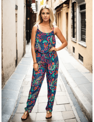 Macacão de seda azul com estampa multicolorida – Elegância indiana artesanal