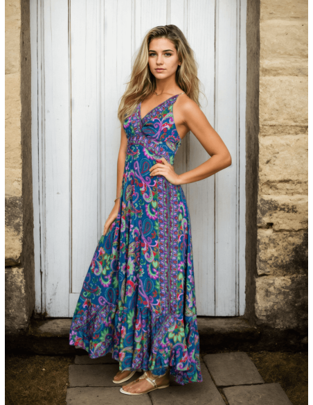 Robe longue en soie à fleurs multicolores – Inspiration bohème et élégance indienne