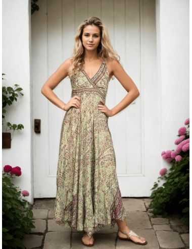 Long green silk dress with...