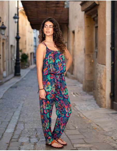 Blauer Seidenoverall mit mehrfarbigem Druck – indische handgefertigte Eleganz