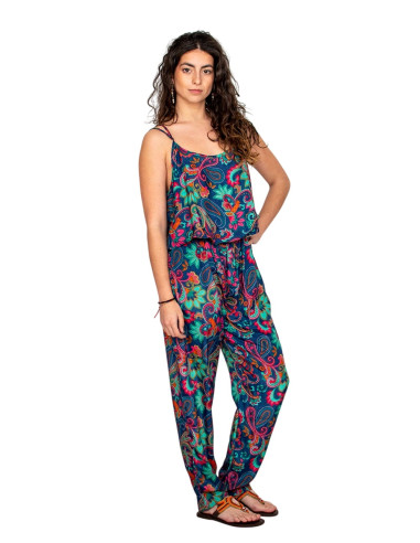 Macacão de seda azul com estampa multicolorida...