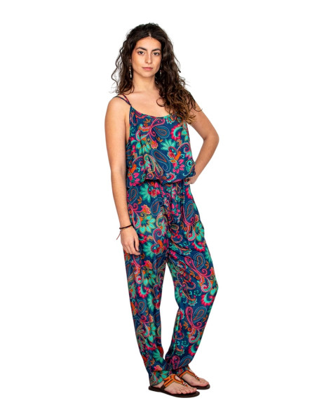 Mono largo de seda azul con estampado multicolor – Elegancia artesanal india