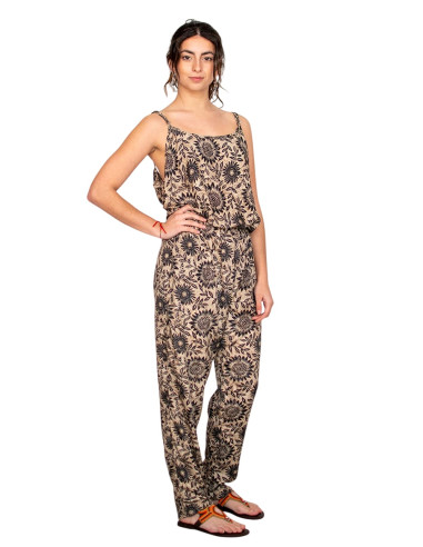 Long silk jumpsuit printed in ochre and brown...
