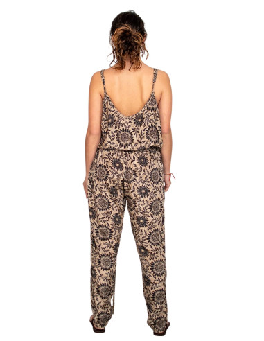 Long silk jumpsuit printed in ochre and brown...