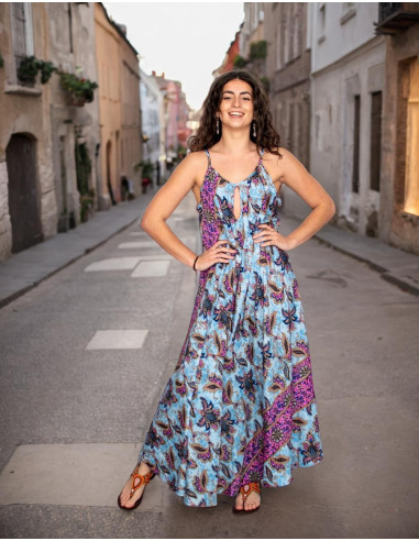 Vestido longo de seda azul claro com flores –...