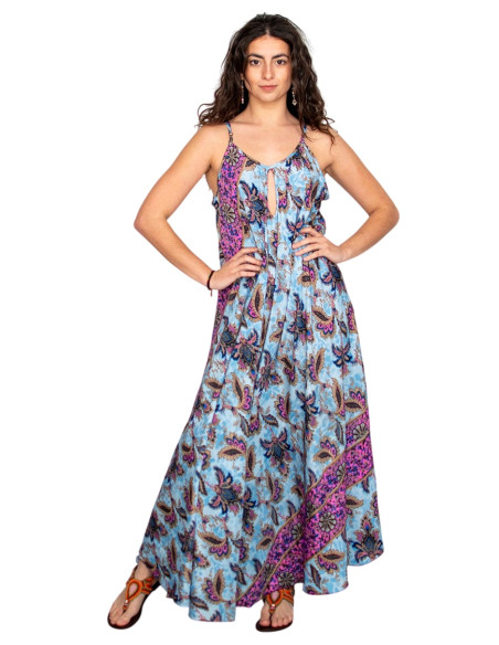 Long light blue silk dress with flowers – Boho design with an Indian soul