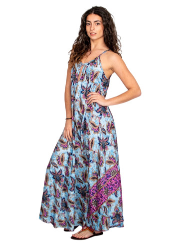 Langes hellblaues Seidenkleid mit Blumen –...