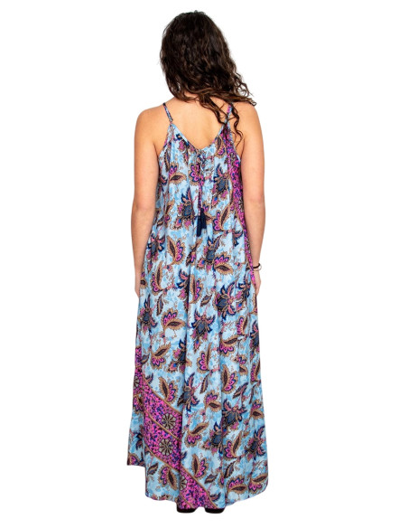 Robe longue en soie bleu clair à fleurs – Design bohème à l'âme indienne