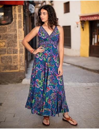 Vestido longo de seda com flores multicoloridas...