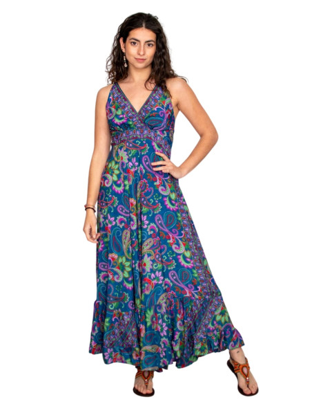 Robe longue en soie à fleurs multicolores – Inspiration bohème et élégance indienne