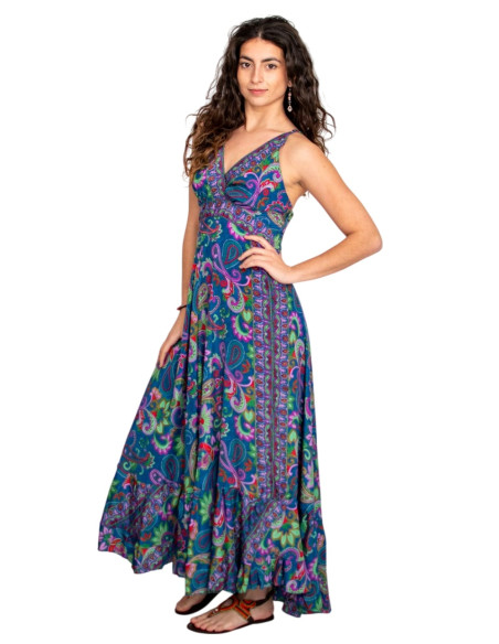 Abito lungo in seta con fiori multicolori – Ispirazione bohémien ed eleganza indiana