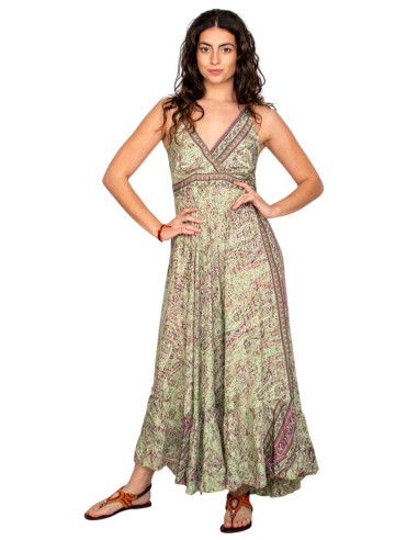 Long green silk dress with a V-neck – Boho...