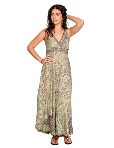 Langes grünes Seidenkleid mit V-Ausschnitt –...