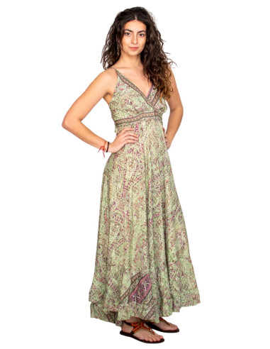 Robe longue en soie verte à col en V –...