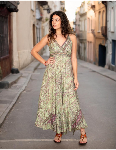 Long green silk dress with a V-neck – Boho...