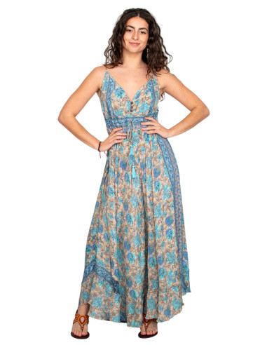 Vestido longo boho de seda com decote em V –...