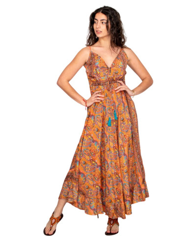 Long ethnic-style dress with a V-neck and...