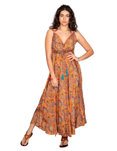 Robe longue style ethnique à col V et imprimé...