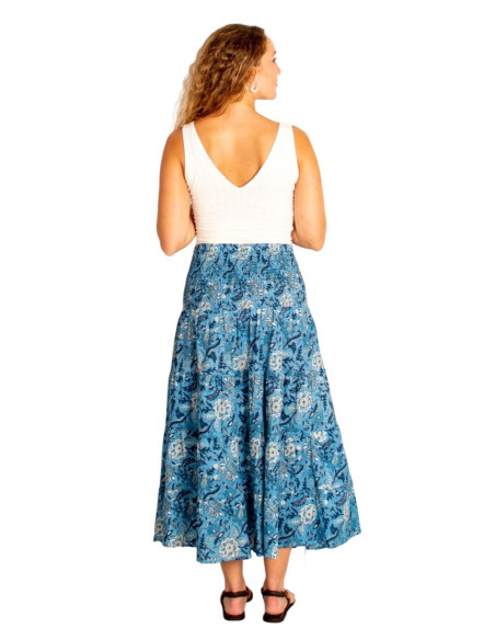 Falda larga boho de algodón con estampado azul y celeste – 100% artesanal