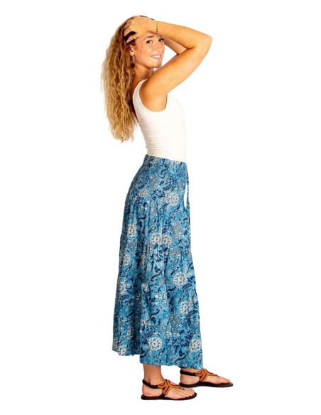 Jupe longue bohème en coton à imprimé bleu et bleu clair – 100% fait main