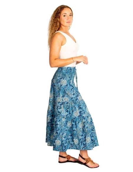 Saia longa boho de algodão com estampa azul e azul claro – 100% artesanal
