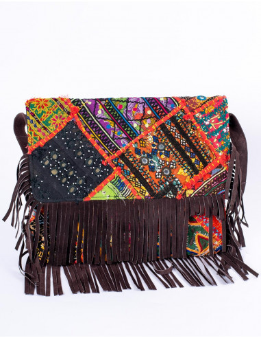 Handmade boho clutch with mirrors and fringes –...