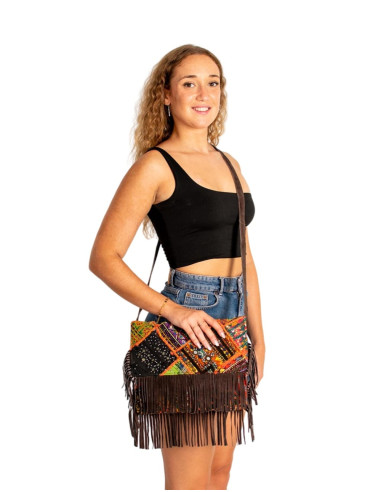 Handmade boho clutch with mirrors and fringes –...
