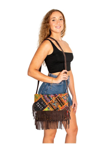Handmade boho clutch with mirrors and fringes –...